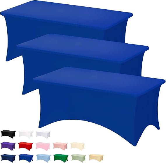 Fixwal 3 Pack 6FT Royal Blue Tablecloth Rectangle Spandex Table Cover