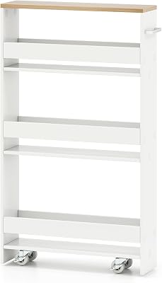 Small Kitchen Cart, 4-Tier Slim Rolling Island wHandle, Laundry Room Storage Organizers Between Washer and Dryer, Narrow Spice Rack on Wheels Next to Fridge White & Natural, 5