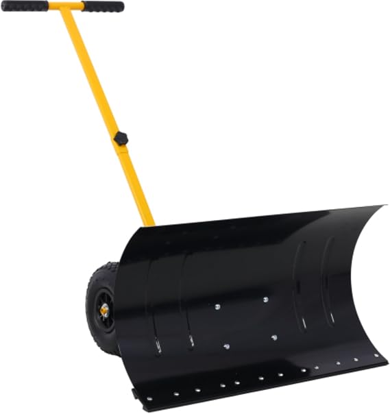 Snow Shovel with Wheels,29" Wide Metal Snow Pusher Shovel with 15" Height &10" Wheels,Adjustable Angle&Height Handle,Effortless Snow Removal,Ergonomic Design for Driveway&Sidewalk (Yellow Single Rod)