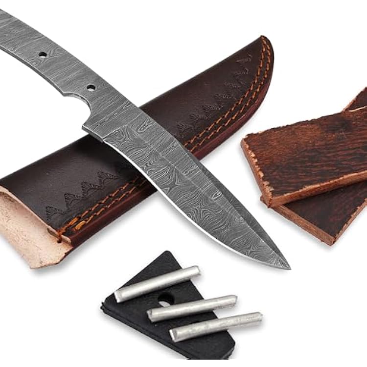 Damascus Knife Making Kit DIY Handmade Damascus Steel includes Blank Blade, Pins, Leather Sheath, Handle Scales for Knife Making Supplies by ColdLand NB101