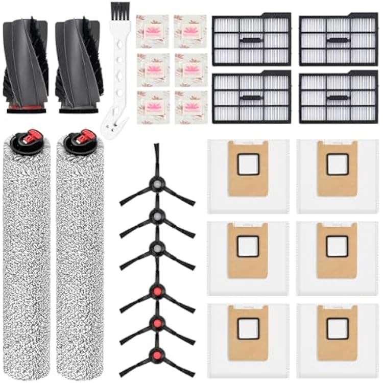 Replacement Kit for Eufy E25E28:1Pair Main Brushes,2Roller Mops,4HEPA FiltersRight,6Side Brushes, 6Dust Bags, 6Scented Tablets for Dust Bag Odor Control  Cleaning Brush