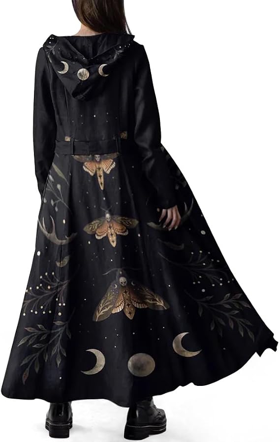 Women Long Fleece Trench Coat Gothic Winter Open Front Belted Overcoat Casual Peacoat Fall Jacket with Hood