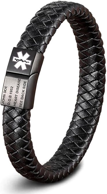 Personalized Braided Leather Emergency Medical Alert Bracelet for Men Women Medical ID Bracelets Engraved Customize Emergency Medical id Jewelry for Seniors 7.5 to 9.5 Inches