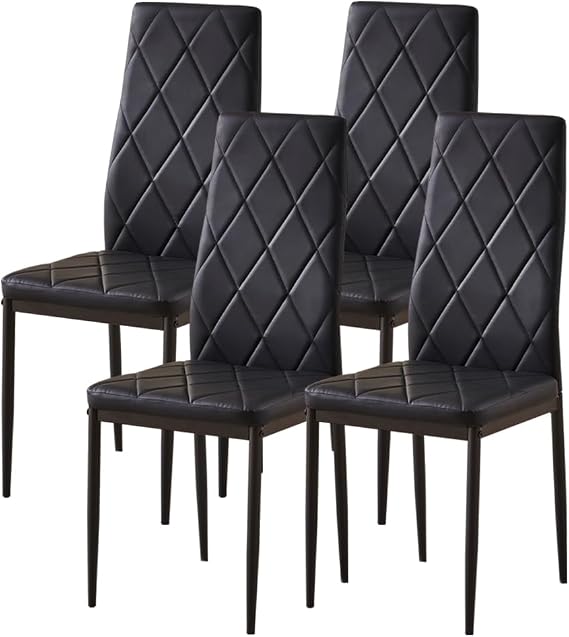 Black PU Leather Dining Chairs Set of 4 High Back with Metal Legs for Dining Room Kitchen, Side Chairs for Restaurant Office Meeting Home/Commercial (4, Black Argyle Leather)