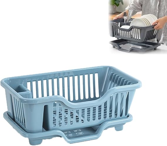 Dish Drying Rack for Kitchen Counter Over the Sink,Middle Size Large Capacity Dish Drying Rack Organizer Cutlery Holder Dish Drain,Removable Cutlery Basket with Cage for Knifes/Fork (Blue)