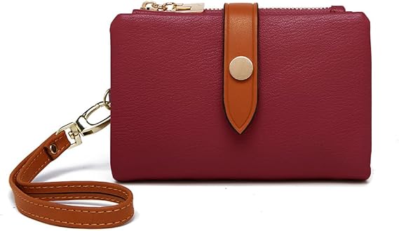 TOPKOOL Wallets for Women Small Bifold Rfid Leather Ladies Wallets,Compact Wristlet Womens Billfold,Trifold Card Holder with Multi Credit Card Slot Zipper Coin Pocket and Wrist Strap, Red, S, Vintage