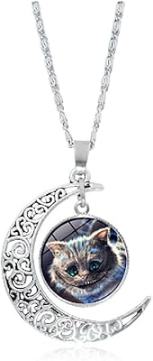 BailingDS Alice in Wonderland Cheshire Cat Necklace Women Hundred Silver Moon Pendant Fashion Necklace Jewelry