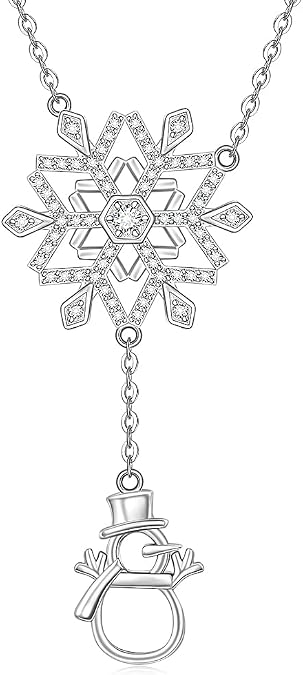 Fenthring Christmas Snowman Snowflake Necklace Sterling Silver Snow Flower Fringe Sweater Necklaces for Women Crystals Holiday Xmas Jewelry Gift