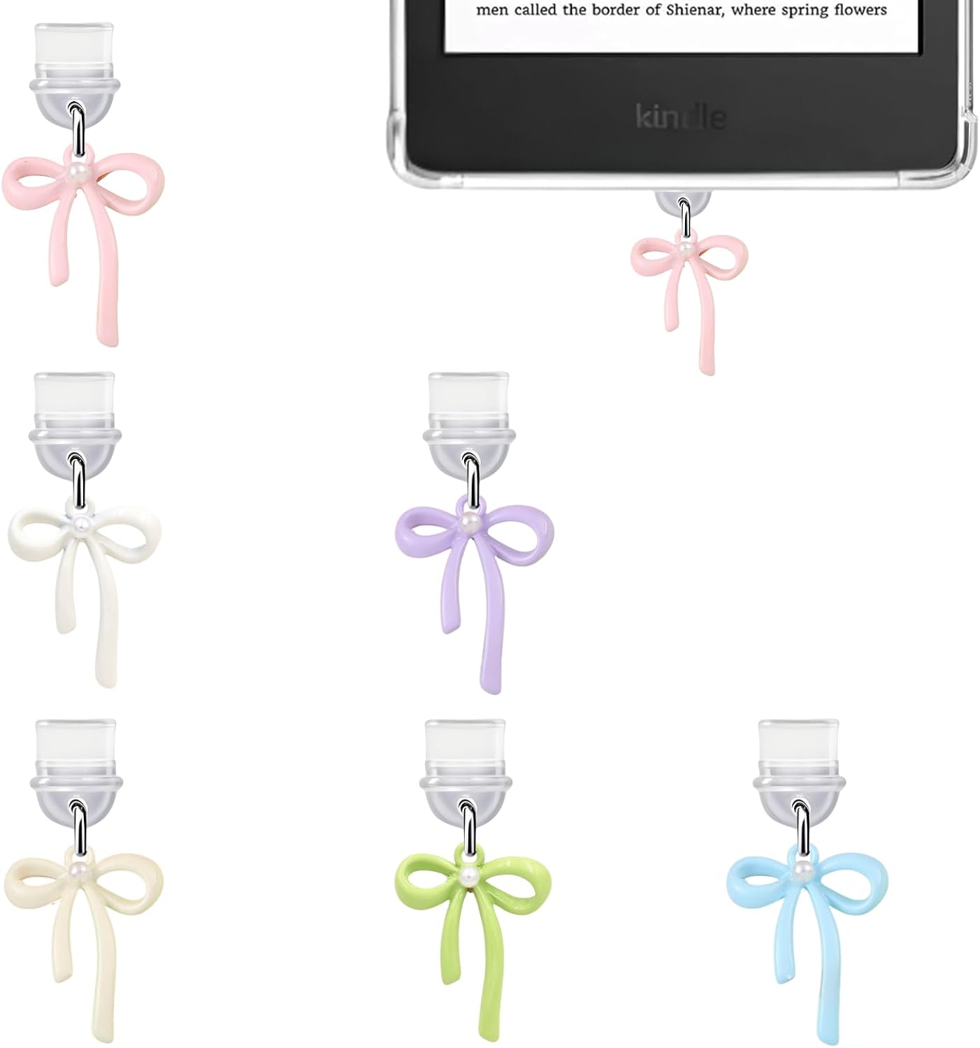 6Pcs Charms for Kindle, Bow Dust Plug Charm Compatible with Kindle with Type C Charging Port, Coquette Gift for Book Lover Readers Men Women Teachers Students, Accessories for Kindle