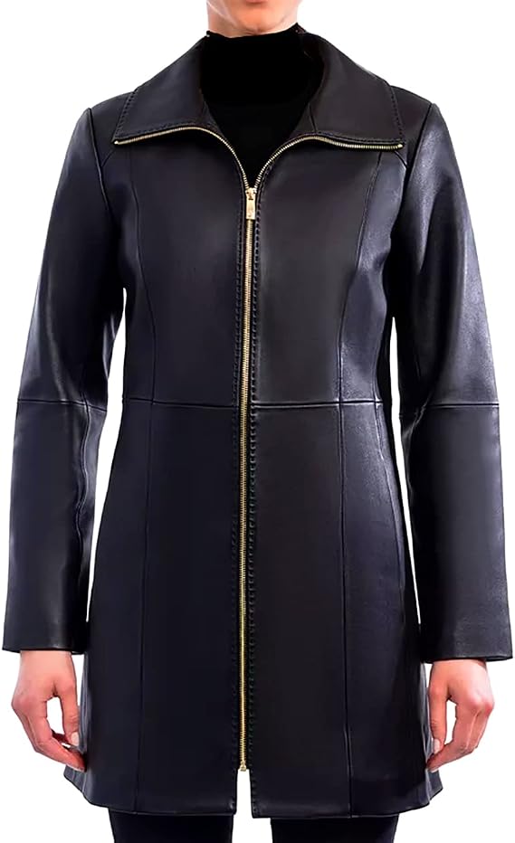 Anne Klein Women's Mid-Length Zipper Leather Coat Black