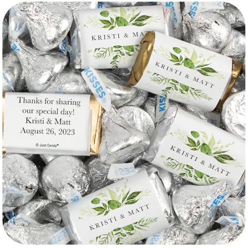 124 Pcs Personalized Wedding Candy Party Favors Botanical Wrapped Hersheys Miniatures and Hersheys Kisses 1.52 lbs for Wedding Favors, Bridal Shower Candy, Rehearsal Dinner Souvenirs and Buffets