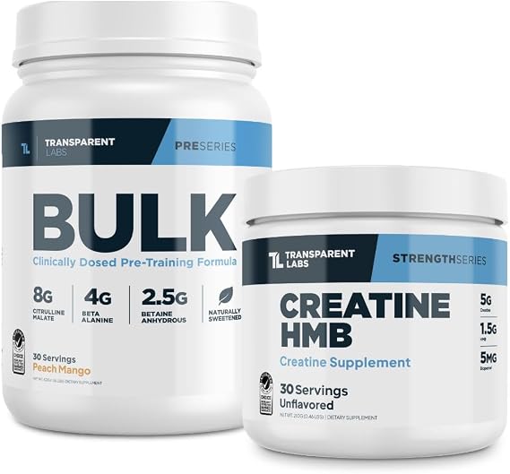 Transparent Labs Bulk Pre-Workout Powder (30 Servings, Peach Mango) & Creatine HMB (30 Servings, Unflavored)