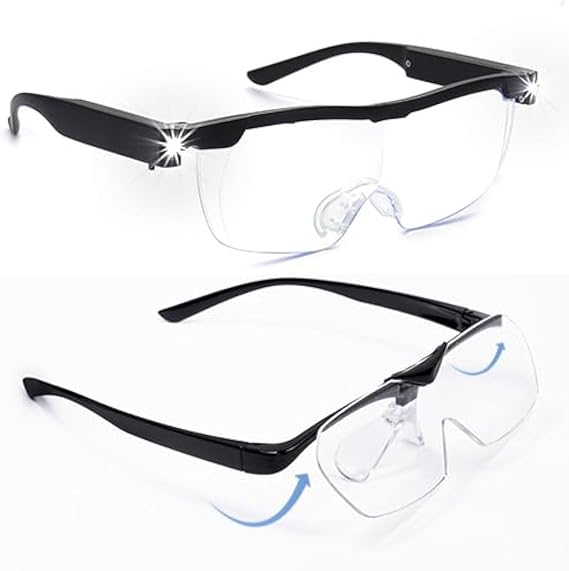 OKH Hands Free Magnifying Glasses with Light, Blue Light Blocking 160% Magnification and Dual LED Lights, Includes flip up Magnifying Glasses for Close Work, Reading, Crafts