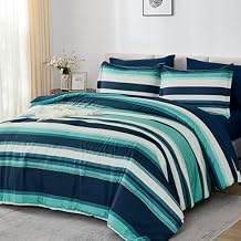 WONGS BEDDING Comforter Set King Size, Teal Striped Bed in a Bag, 7 Pieces Soft Lightweight Micorfiber Bedding Set with Comforter, Flat Sheet, Fitted Sheet, Pillow Shams, Pillowcase