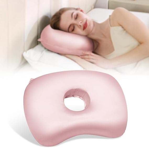 Ear Piercing Pillow with an Ear Hole for CNH and Ear Pain Ear Inflammation Pressure Sores for Side Sleepers, Washable and Adjustable Polyester and Cotton Side Sleeping Ear Pillow (Light Pink Silk)