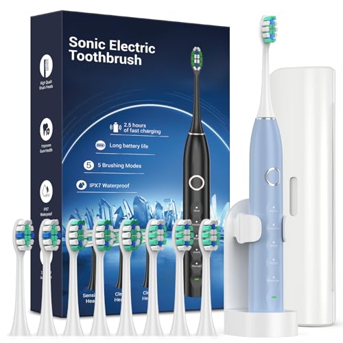Rtauys Sonic Electric Toothbrush for Adults with 8 Brush Heads, IPX7 Travel Electric Toothbrush with Travel Case, 2.5 Hours Charge for 120 Days, 5 Modes with 2 Minutes Built in Smart Timer Light Blue