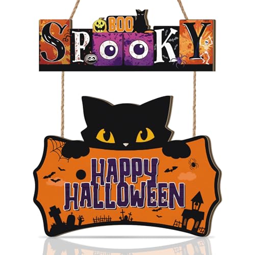 Aurlan Happy Halloween Door Decor,Halloween Spooky Door Sign,Black Cat Plaque,Boo Wall Hanging Sign,Ghost Boo Wall Hanging Decor,Spoky Spider Bat Wooden Decoration for Porch Yard Home Room Garden