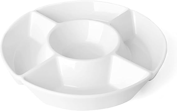Sweese Porcelain Chip & Dip Serving Set - Divided Platter with 5 Compartments, Relish Tray for Snacks, Veggies, Candy - Durable, Microwave & Dishwasher Friendly - Elegant White Design for Parties