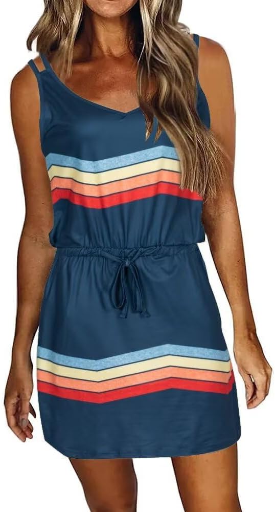 Women's Summer Dresses Casual Drawstring Dresses Sleeveless Halter Dresses Crew Neck Short Dress for Women