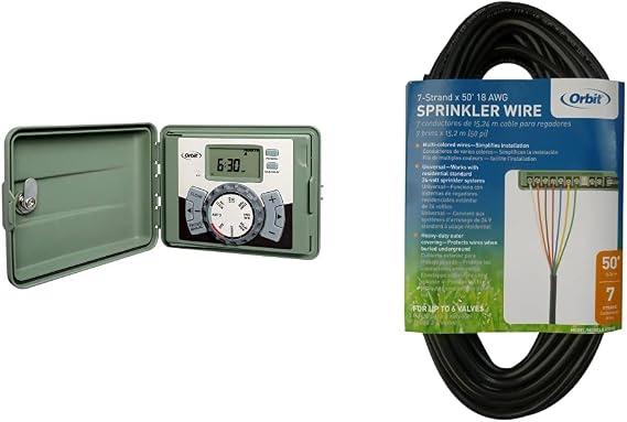 Orbit 57896 6-Station Outdoor Swing Panel Sprinkler System Timer , Green & 57092 7Strd 50' Sprinkler Wire, 50 Feet Green