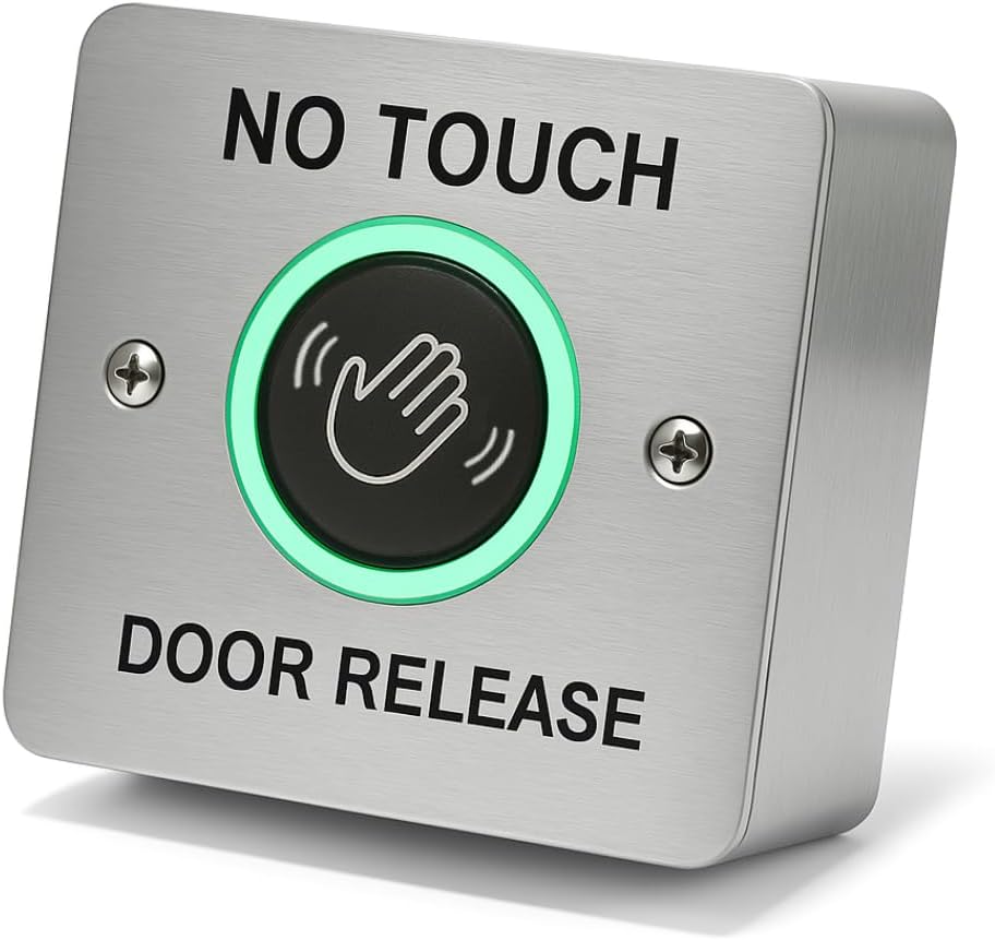 SecureMyDoor - No Touch Exit Button Hands-Free Door Release Switch with LED Indicator - Surface Mount with Infrared Technology - Brushed Stainless Steel