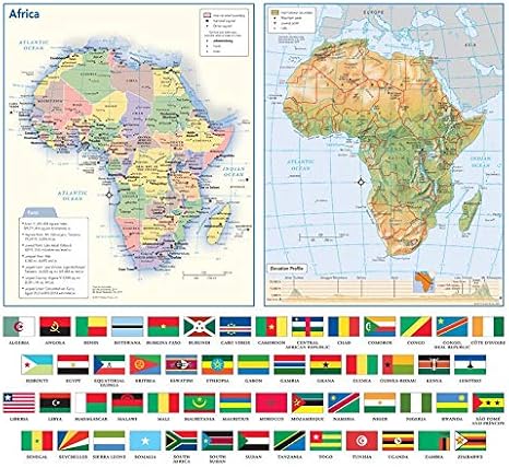 Africa Political & Physical Continent Map with Country Flags - 17" x 15.5" Laminated