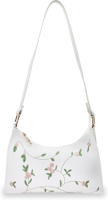 AfitLulu Floral Embroidery Leather Shoulder Bag, Zip Closure Small Shoulder Purse Handbag, Half Moon Bag Make Life Easier and Simpler