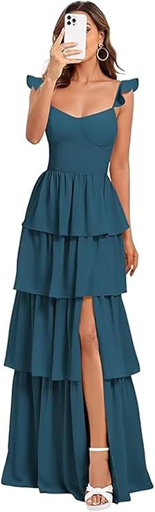 2025 Long Bridesmaid Dresses for Women Chiffon Formal Evening Dresses with Ruffles
