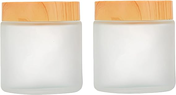 2Pcs 100ml 3.4oz Frosted Glass Jars with Inner Liners and Plastic Wood Grain Lids Airtight Cosmetic Containers for Cream Lotion Body Butter Travel Storage Refillable Sample Jars
