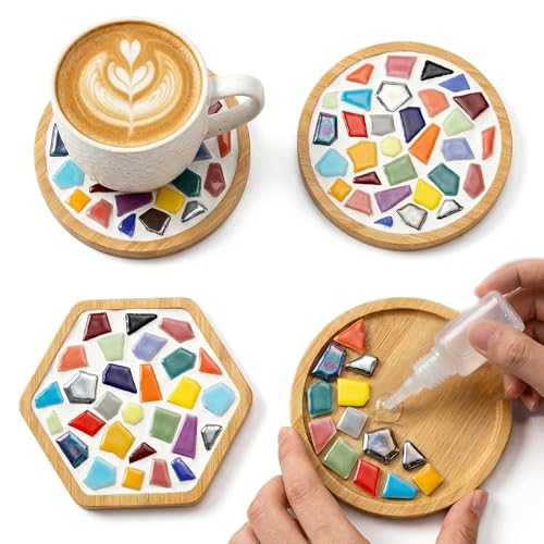 Nuyoach Mosaic Tiles Crafts Kits for Adults,2 Sets DIY Glass Mosaic Craft with Wooden Coaster Making Materials Package for Women Seniors,Ceramic Mosaic Art Bulk Gifts for Home Decor Summer Party