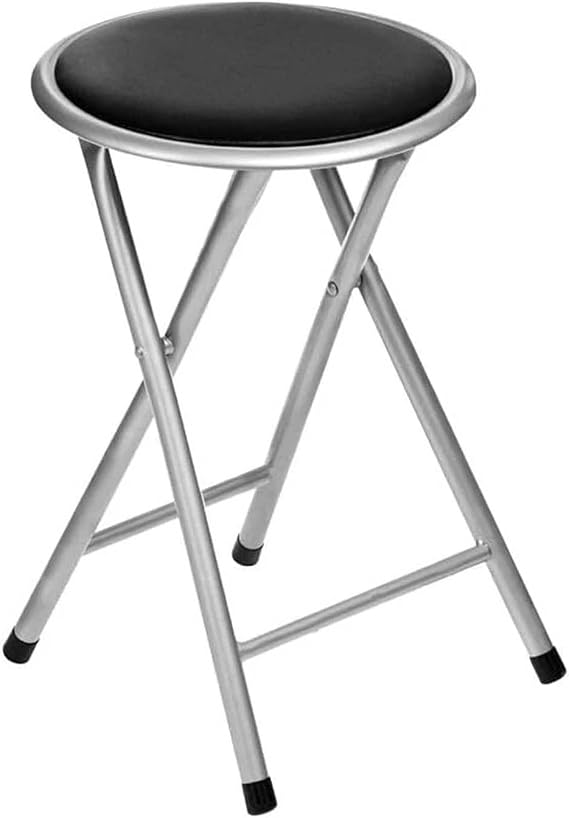 Round Folding Stool Soft Padded Seat Compact Foldable Space Saving Lightweight Metal Frame Rubber Feet Free Standing for Home Office Breakfast Kitchen Bar (Black)