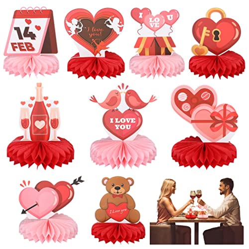 9PCS Valentines Day Honeycomb Centerpieces, 3D Table Party Decorations, Hearts Balloons Cupid Paper Ornaments for Valentines, Anniversaries, Weddings