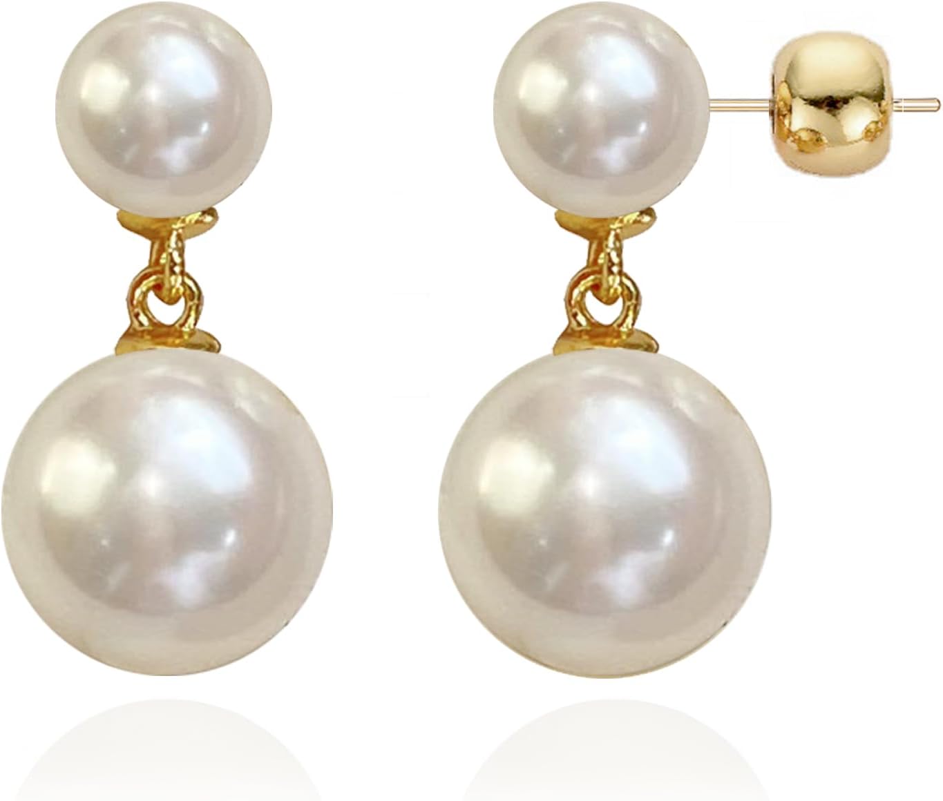 OwMell Double Ball Simulated Pearl Dangle Drop Earrings for Women, 925 Sterling Silver Post Double Beads Earrings