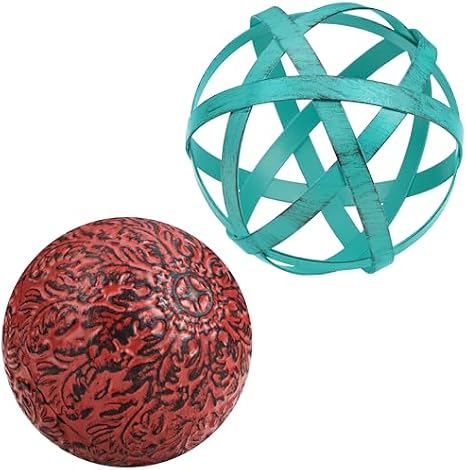 Metal Decorative Sphere for Home Decor - Distressed Red, 3,4" x 3,4" and Distressed Teal, 4,5" x 4,5", Bundle