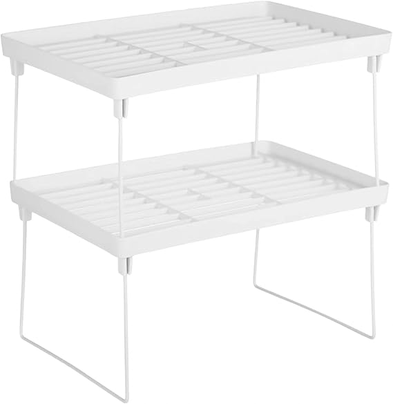 2 Pack Kitchen Counter Shelf Stackable Kitchen Cupboard Shelf Organiser Foldable Spice Rack Cabinet Organiser Shelfs Insert Storage Shelves for Countertop/Bathroom/Office/Sideboard (White)