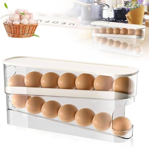 ROWPOZ 2026 New Egg Holder for Fridge, Egg Organizer for Refrigerator Automatic Scrolling Eggs Rack Holder Rolling Dispenser Stackable Container and Storage for Refrigerator with Lid