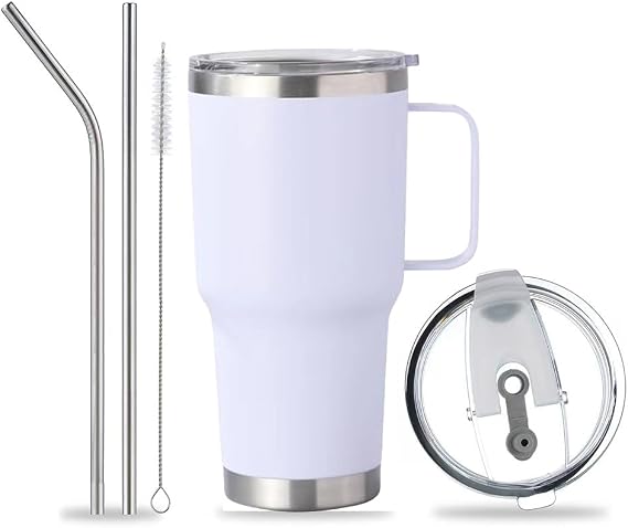 30 OZ Insulated Tumblers with Lid and Straw, 304 Stainless Steel Tumbler with Handle, Double Wall Vacuum Travel Mug, Leakproof Water Bottle, White