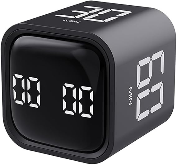 Digital Cube Timer Kitchen Timer Gravity Sensor Flip Digital Timer Focus Timer Silent & Alarm for Work Study Task Meeting Productivity ADHD Office (Black)