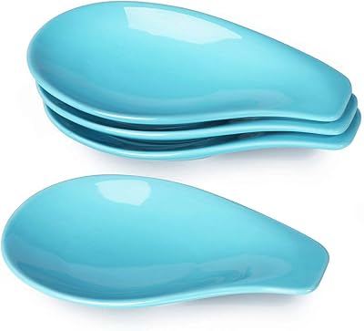 ONTUBE Ceramic Spoon Rests for Buffet Set of 4, Porcelain Sauce Dish Resting Cooking Spoons Holder, 6.5 Inch Blue