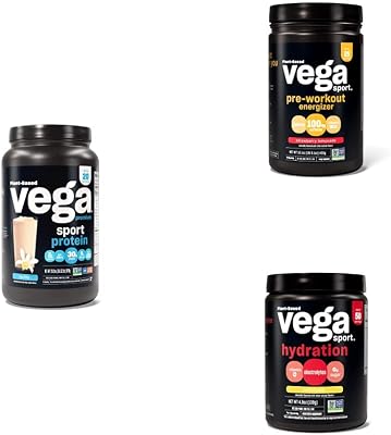 Vega Sport Routine Bundle - Premium Vanilla Protein Powder 20 Servings Strawberry Lemonade Preworkout Energizer 25 Servings and Lemonade Electrolyte Hydration 50 Servings