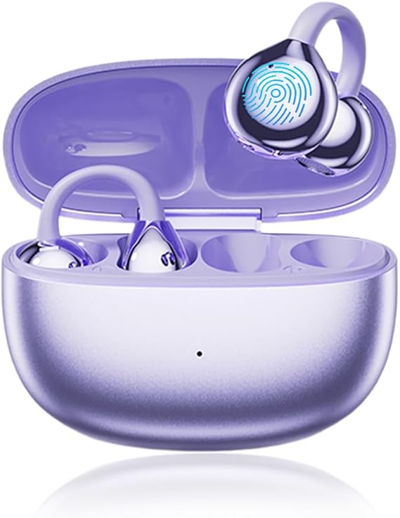 Open Ear Clip Headphones, Wireless Earbuds Bluetooth 5.4 The Over Ear Buds Earphones Built-in Mic with Ear Hooks, 36H Playtime,for iOS and Android (Purple)