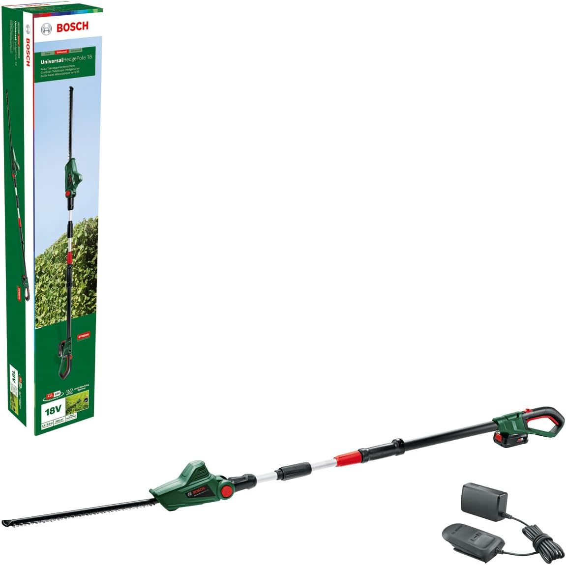 Bosch battery telescope bush pruning Universalhedgepole 18 battery, charger, carton, 18 Volt System, 2.5 Ah