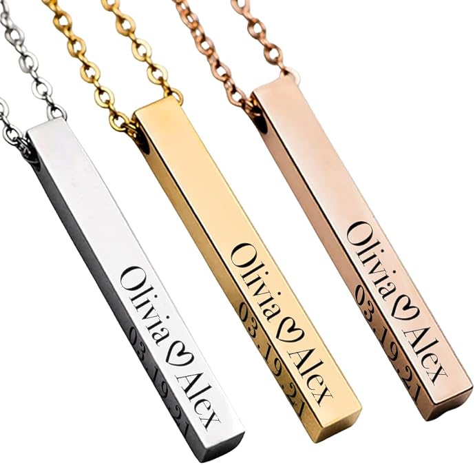 Elosh Customized Elegance 3D Vertical Bar Necklace with Engraved Name Pendant Personalized with your text Custom made