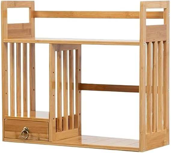 Shelf Bookcase Bamboo Desk File Organizer with Drawer, 2 Tier Desk Organizers and Accessories, Open Stackable Storage Rack, for School Home Office Supplies Book Storage Rack(Original colours,L60xW19xH