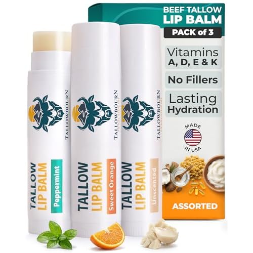 Moisturizing Tallow Lip Balm Grass-Fed Beef Tallow with Organic Coconut Oil, Beeswax, and Vitamin E Lip Balm Set Variety Pack Travel Essential 3-Pack