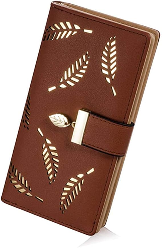 Women lady Long Leaf Bifold Wallet Leather Card Holder Purse Zipper Buckle Elegant Clutch Wallet Handbag (Coffee)