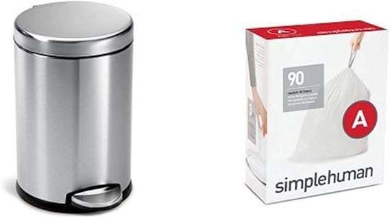 simplehuman 4.5 Liter / 1.2 Gallon Compact Stainless Steel Round Bathroom Step Trash Can, Brushed Stainless Steel with 90 Pack Liners Code A
