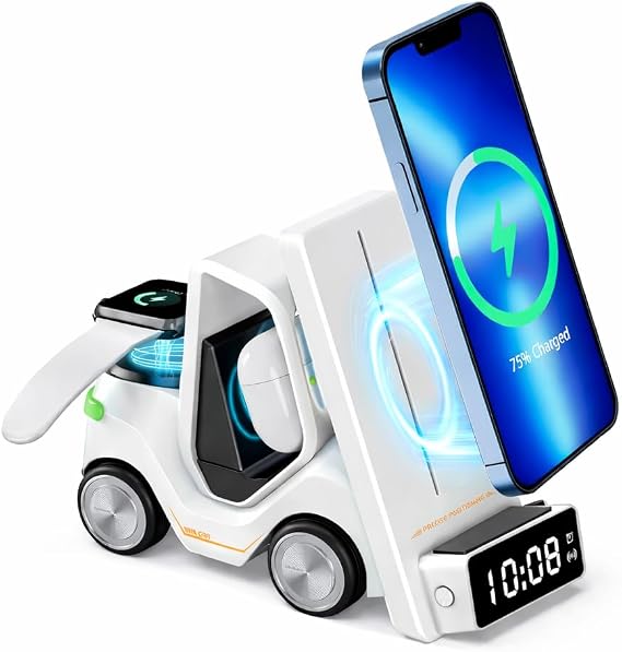 T20 15W 5'i 1 Arada Magsafe Kablosuz Şarj İstasyonu, Dijital Saatli Forklift Tasarım, iPhone 16/15/14/13/12, Apple Watch, AirPods Uyumlu Masaüstü Hızlı Şarj Standı, Beyaz