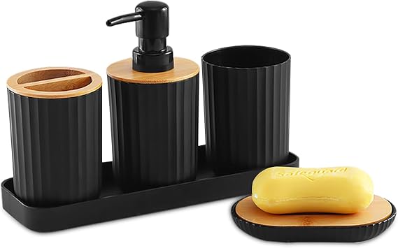 Plastic Black Bathroom Accessories Set - 5 Piece with Bamboo Cover. Includes Soap Dispenser, Toothbrush Holders, Bathroom Cup, Soap Dish and Vanity Tray