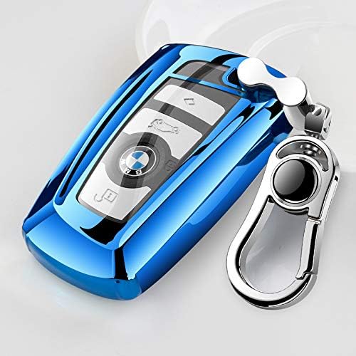 Tpu Silicone Full Protective Car Key Fob Cover for BMW，3 Buttons Remote Control Smart Key Case with Leather Keychain, Compatible with BMW 134567 Series and X3X4M5M6GT3GT5,etc.-Blue